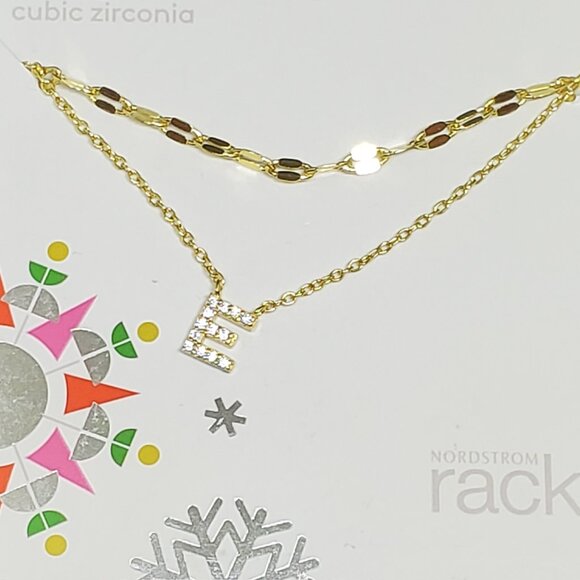 NWT Nordstrom Rack Sterling Silver CZ GOLD "E" Initial Double Chain Necklace - Picture 1 of 6
